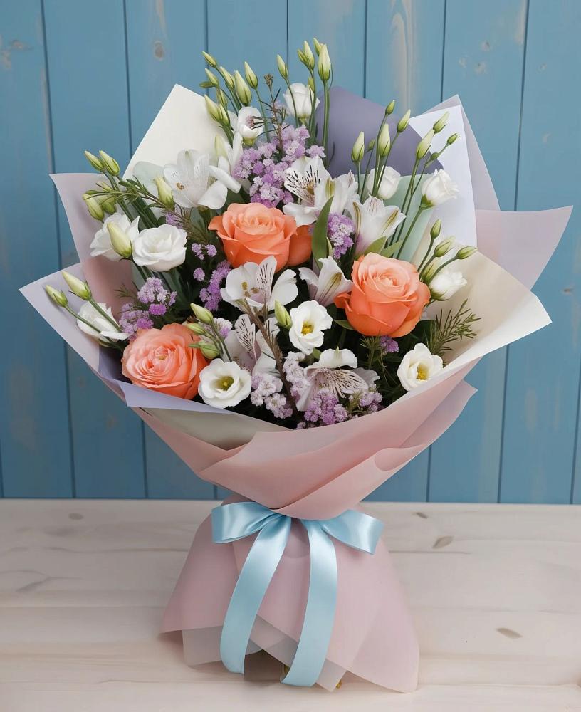 Букет цветов из: Лизиантусы, Розы, Альстромерии и Гипсофила в Тюбе