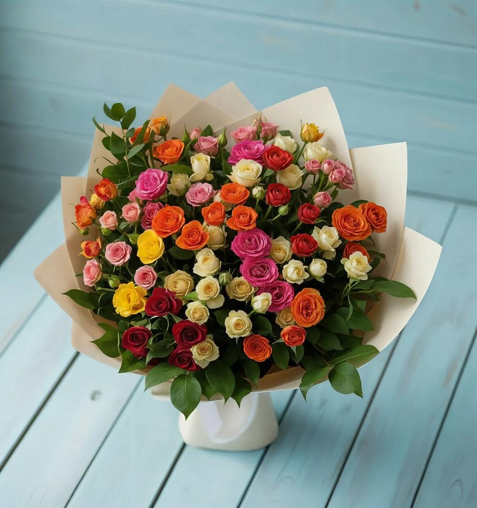 Букет Микс из разноцветных кустовых роз в Тюбе